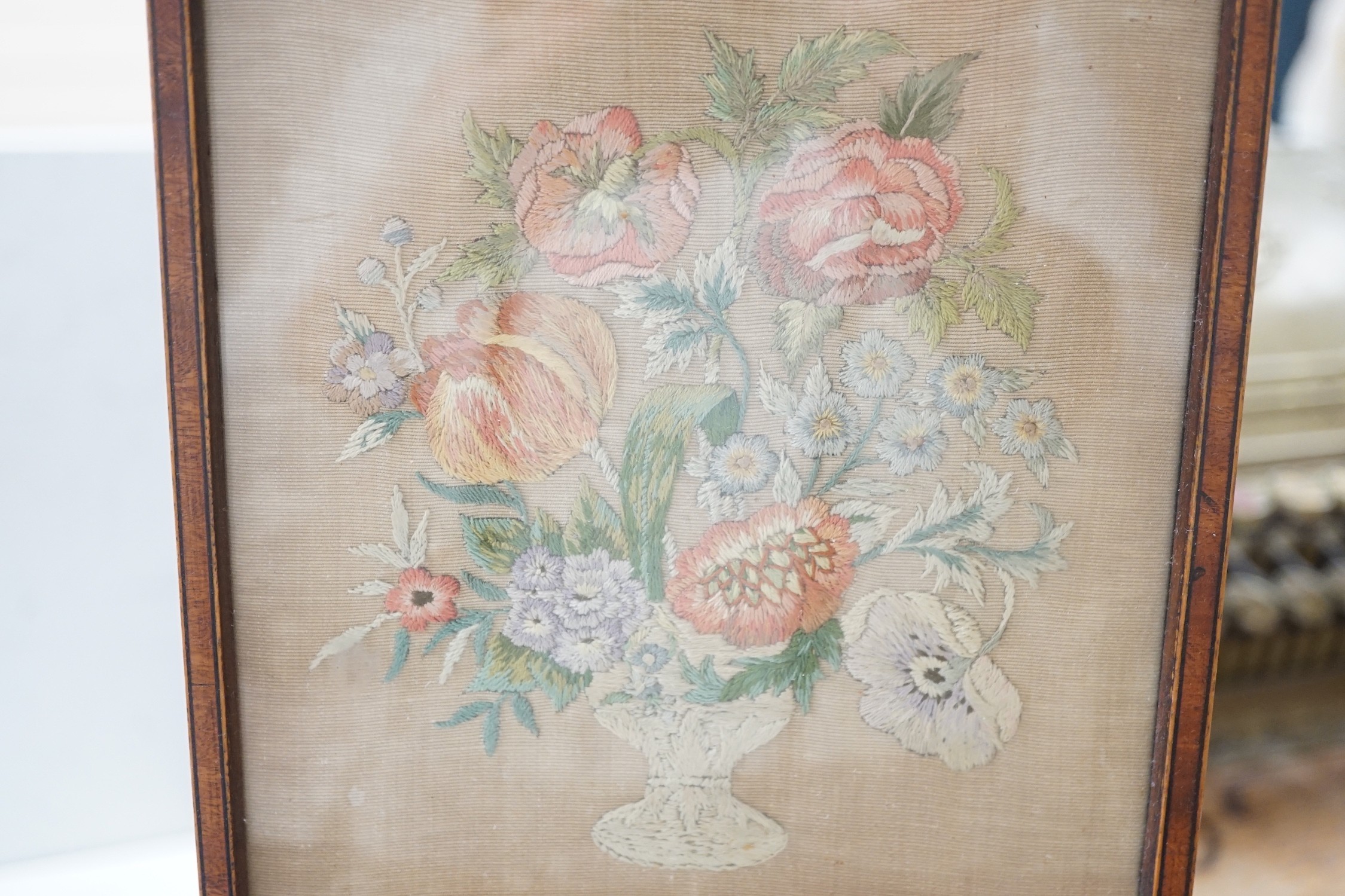 A 19th century mahogany table top embroidered face screen and stand, 59cm total height